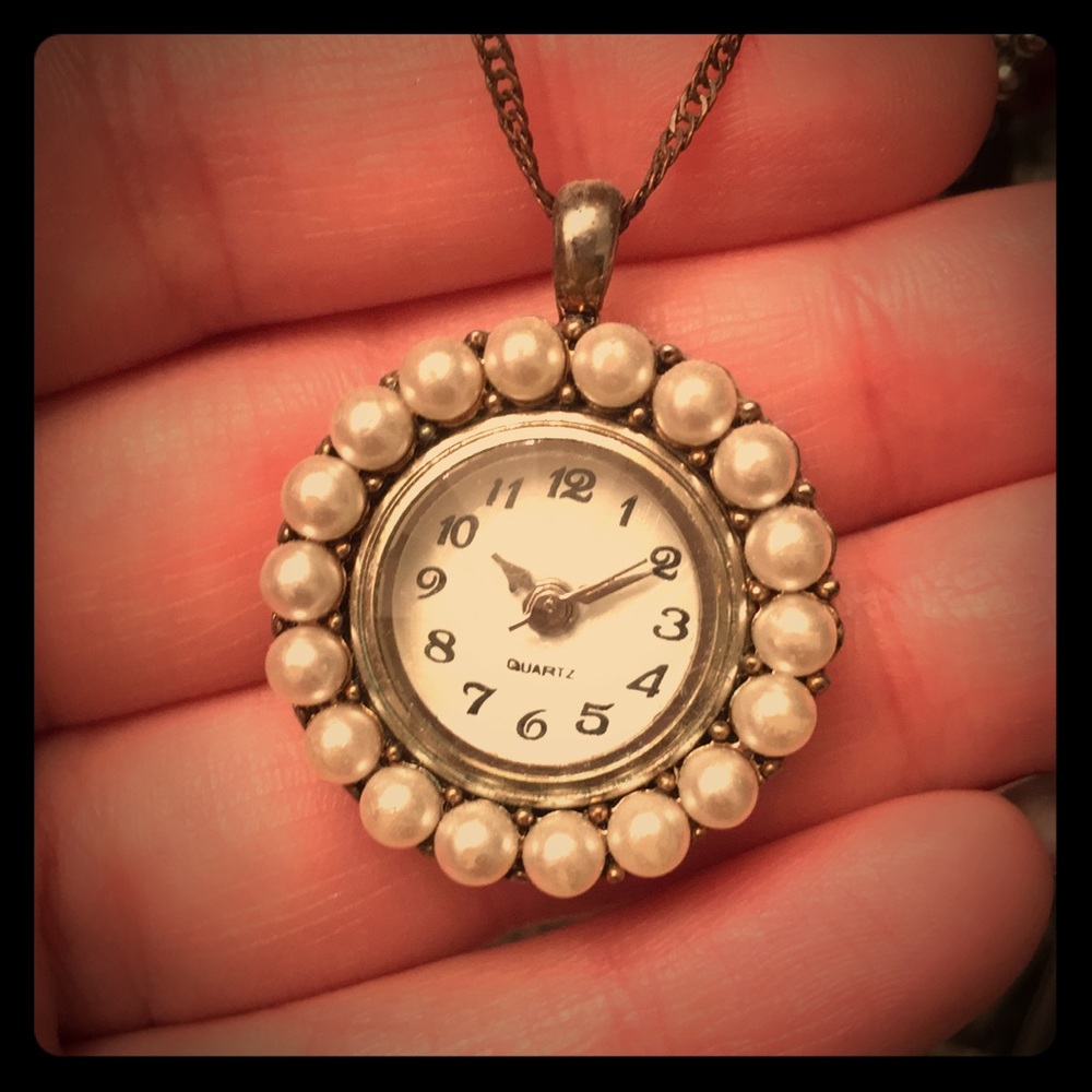 Stainless Steel Quartz Clock Necklace w/ Pearls